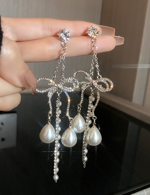 Fashion Silver Alloy Diamond Bow Pearl Drop Tassel Drop Earrings