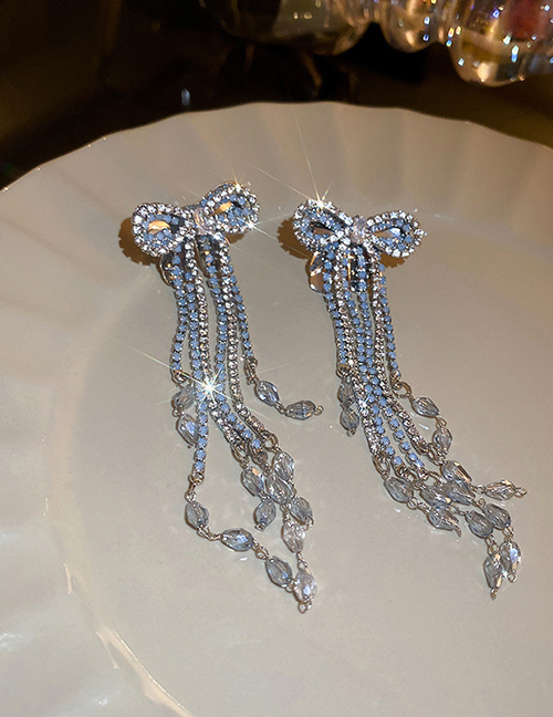 Fashion Blue Crystal And Diamond Bow Fringe Drop Earrings