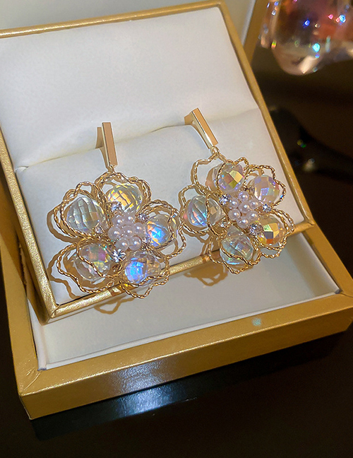 Fashion Gold Copper Diamond Pearl Crystal Flower Stud Earrings