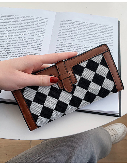 Fashion Long Black Brown Edge Checkerboard Canvas Tri-fold Multi-card Wallet