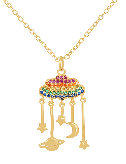 Fashion Gold-5 Bronze Zircon Rainbow Planet Crescent Pendant Necklace