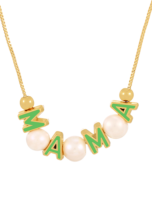 Fashion Green Bronze Zircon Pearl Drop Oil Letter Mama Necklace