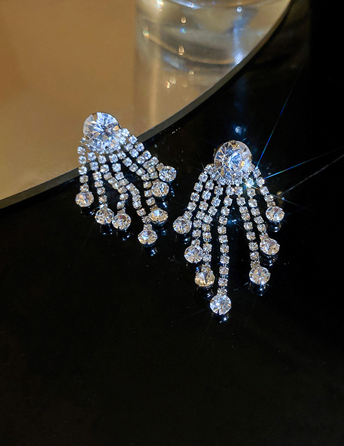 Fashion Silver Brass Diamond Tassel Earrings