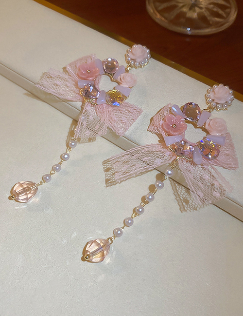 Fashion Pink Alloy Diamond Pearl Crystal Fringe Flower Bow Earrings