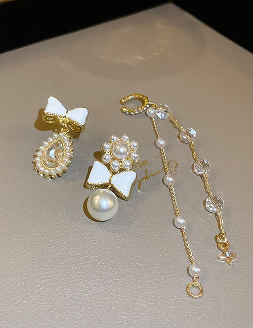 Fashion Gold Color Alloy Diamond Pearl Crystal C Bow Asymmetric Tassel Drop Earrings