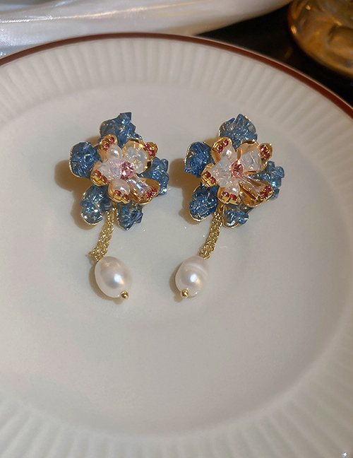 Fashion Blue Copper Diamond Crystal Flower Pearl Stud Earrings