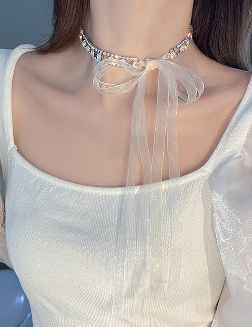 Fashion White Bronze Diamond Panel Mesh Ribbon Double Layer Necklace