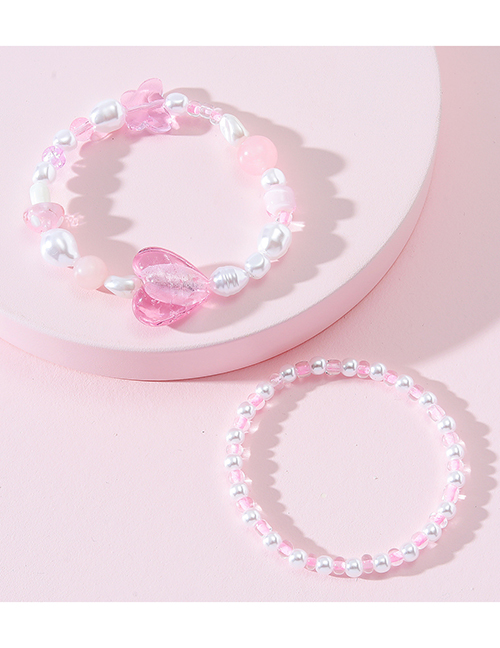 Fashion Pink Glass Peach Heart Pearl Beaded Bracelet Set