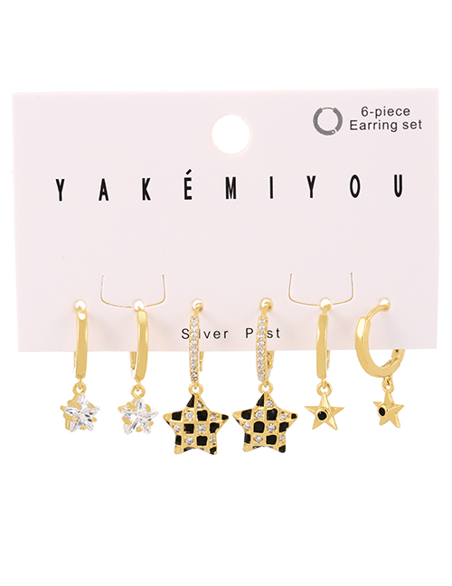 Fashion Gold 6-piece Set Of Copper Inlaid Zircon Drip Oil Pentagram Earrings