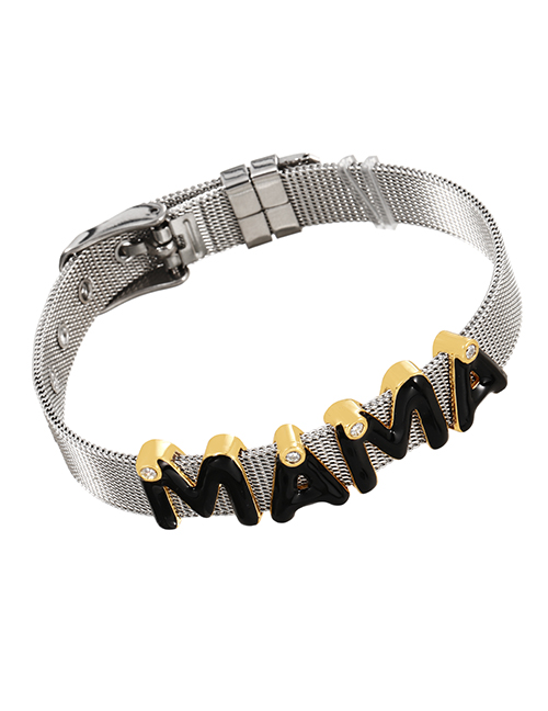 Fashion Silver + Black Brass-inlaid Zircon Oil Dropped Letters Mama Titanium Steel Bracelet
