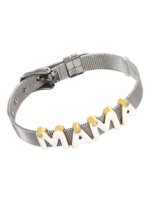 Fashion Silver + White Brass-inlaid Zircon Oil Dropped Letters Mama Titanium Steel Bracelet