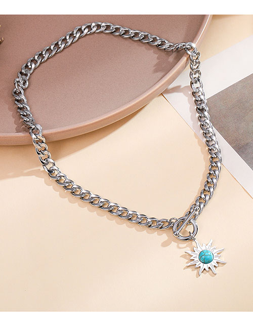 Fashion Steel Color Stainless Steel Turquoise Sunflower Necklace