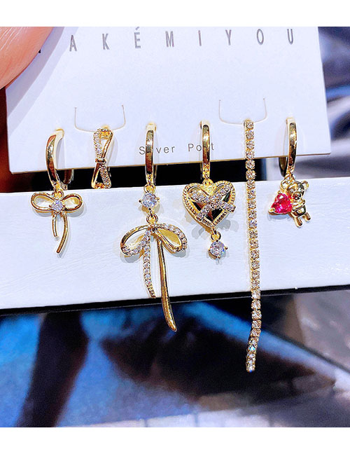 Fashion Gold Color Copper Zirconium Bow Love Bear Earrings Set