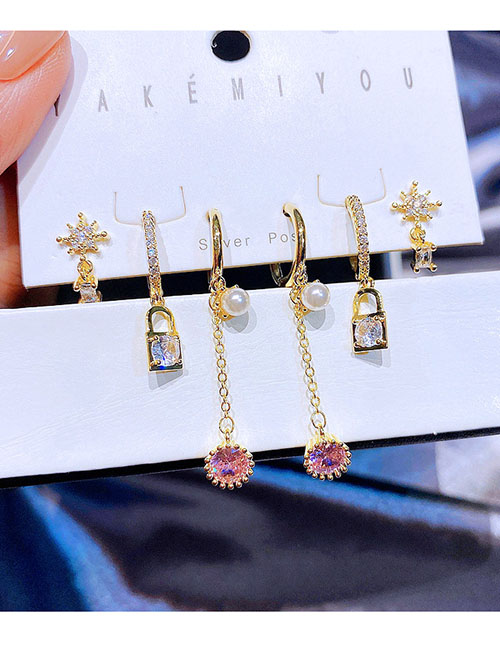 Fashion Gold Color Brass Gold Plated Zirconium Lock Star Earrings Set