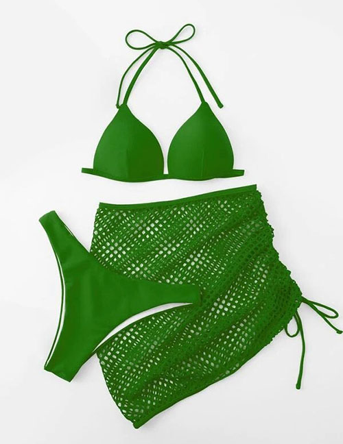 Fashion Green Polyester Mesh Drawstring Halter Strap Three Piece Swimsuit