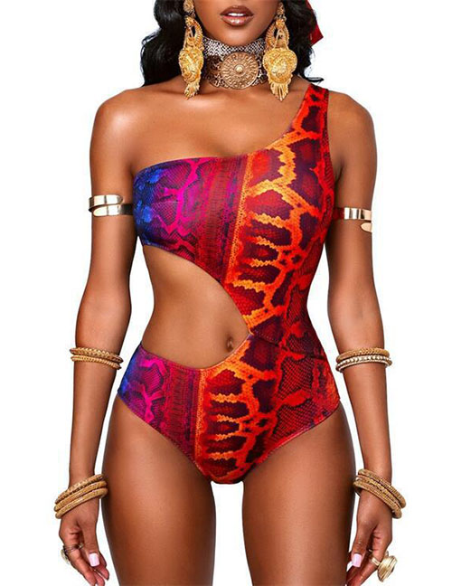 Fashion Red Snake Skin Polyester Print One-shoulder Cutout One-piece Swimsuit