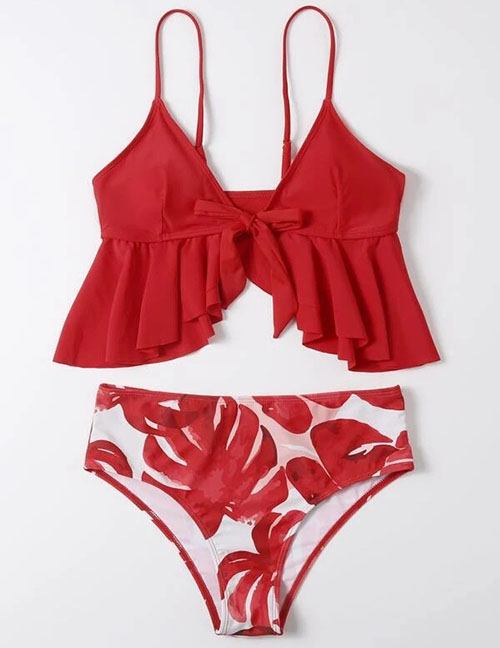 Fashion Red Polyester Printed Split Swimsuit