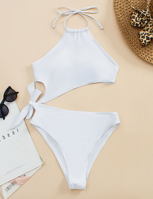 Fashion White Polyester Halter Neck Tie Split Swimsuit