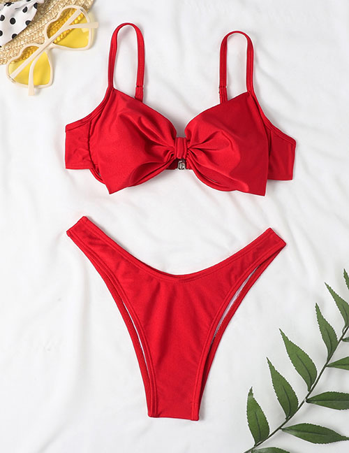 Fashion Red Nylon Bow Split Swimsuit