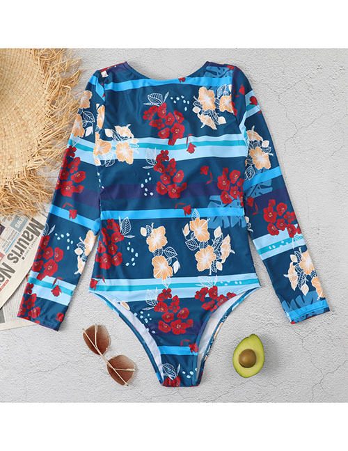 Fashion Blue Polyester Print Long Sleeve One Piece Swimsuit