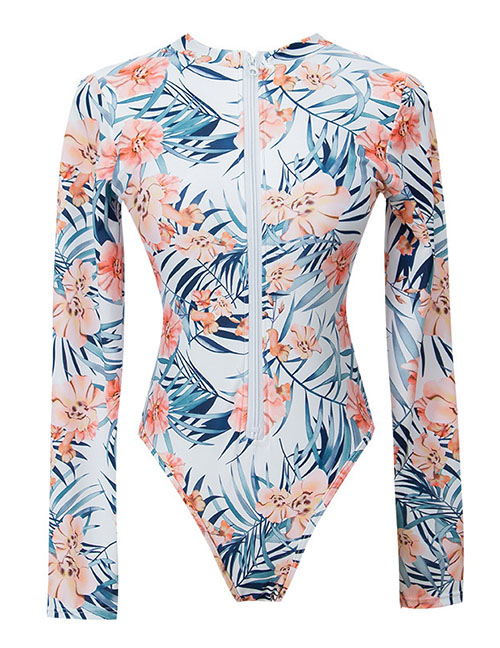 Fashion Color Polyester Print Long Sleeve One Piece Swimsuit