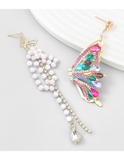 Fashion Color Alloy Diamond Butterfly Pearl Tassel Asymmetric Stud Earrings