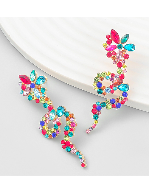 Fashion Color Alloy Diamond Floral Snake Stud Earrings