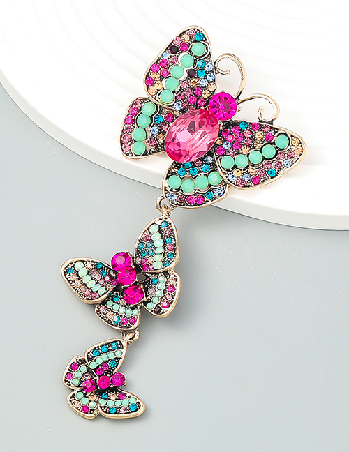 Fashion Rose Red Alloy Diamond Three Butterfly Long Brooch