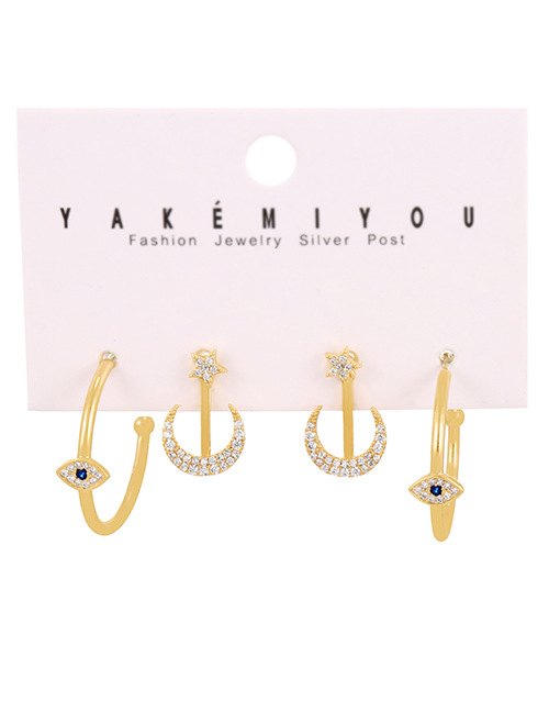 Fashion Gold Set Of 4 Copper Inlaid Zircon Crescent Eye Stud Earrings