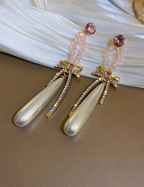 Fashion Pink Crystal Diamond Bow Drop Pearl Drop Earrings