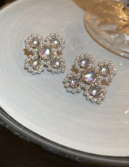 Fashion Silver Color Alloy Geometric Pearl Heart Flower Stud Earrings