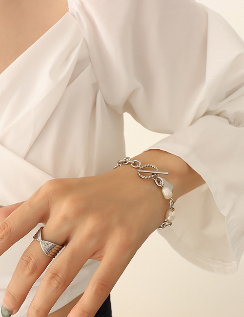 Fashion Silver Color Titanium Steel Gold Plated Pearl Panel Chain Ot Buckle Bracelet