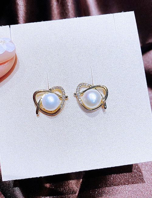 Fashion Gold Color Brass Zirconium Heart Pearl Stud Earrings