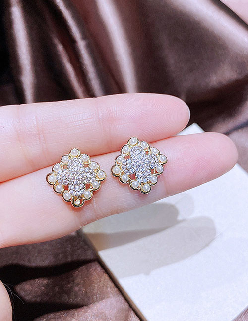 Fashion Gold Color Copper Diamond Bead Square Stud Earrings