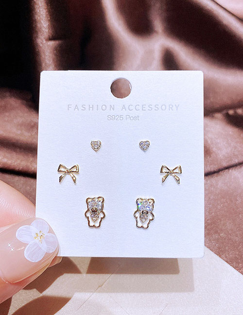 Fashion Gold Color Brass And Diamond Bow Bear Earrings Set
