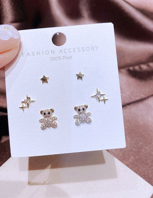 Fashion Gold Color Bronze Diamond Star Cute Bear Earrings Set