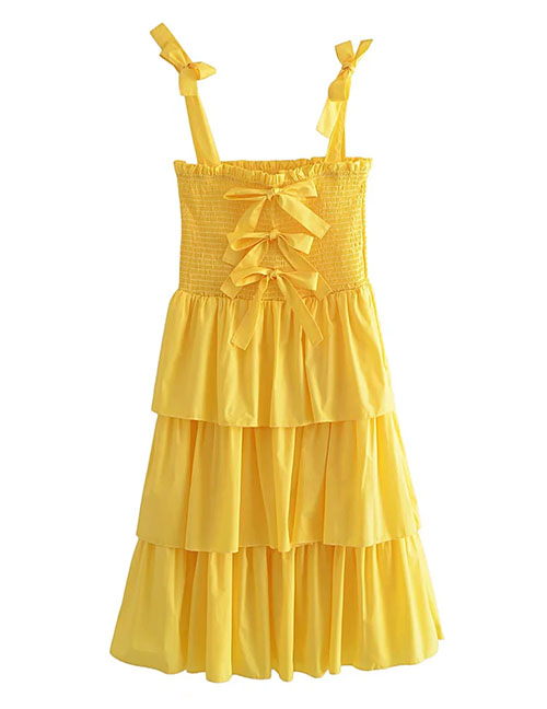 Fashion Yellow Solid Color Layered Sling Dress