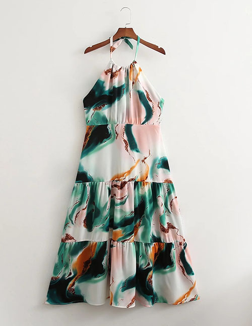 Fashion Color Tie-dye Halterneck Swing Dress