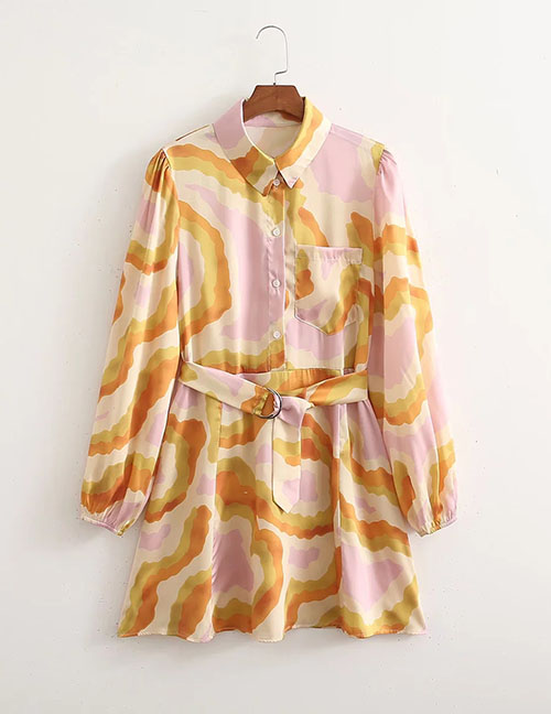 Fashion Yellow Satin Print Shirt Dress