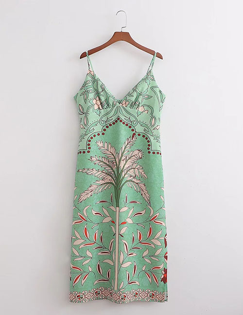 Fashion Green Geometric Print V-neck Slip Dress