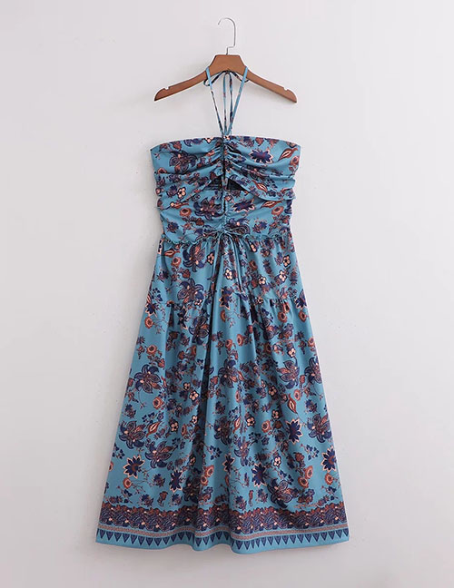 Fashion Blue Satin-print Halterneck Lace-up Dress