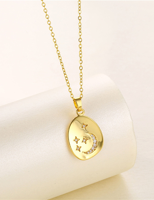 Fashion Gold Color Stainless Steel Diamond Star Moon Oval Necklace
