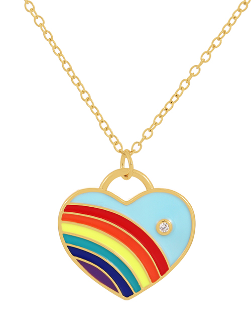 Fashion Light Blue Bronze Zircon Drop Oil Rainbow Heart Pendant Necklace