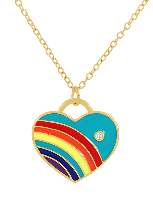 Fashion Lake Blue Bronze Zircon Drop Oil Rainbow Heart Pendant Necklace