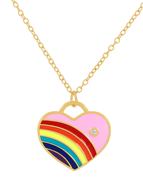 Fashion Pink Bronze Zircon Drop Oil Rainbow Heart Pendant Necklace