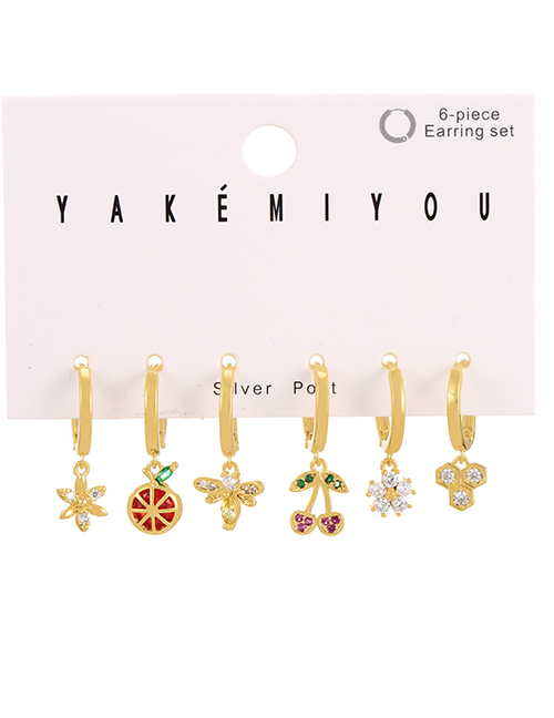 Fashion Gold 6-piece Set Of Copper Inlaid Zircon Flower Cherry Earrings