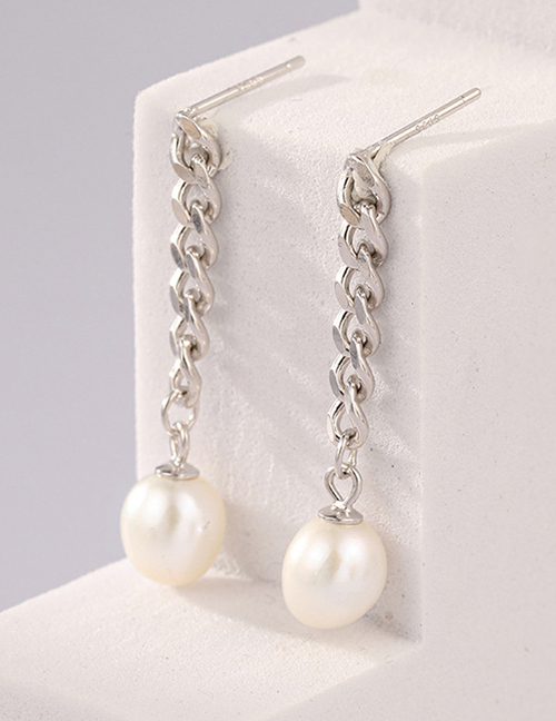 Fashion Silver Color Metal Chain Pearl Tassel Drop Earrings