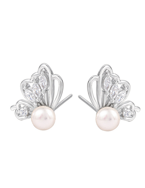 Fashion Silver Color Metal Zirconium Butterfly Pearl Stud Earrings