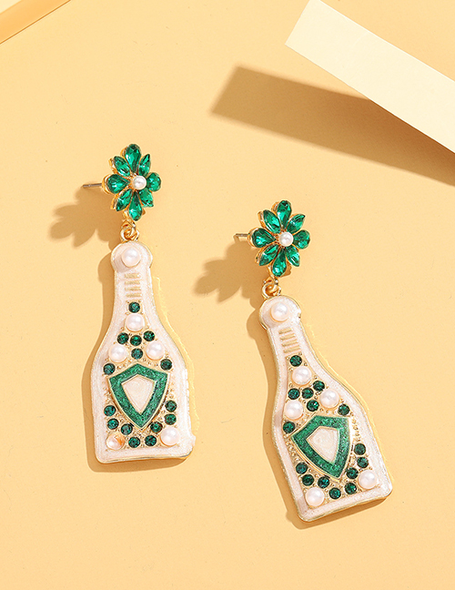 Fashion Green Metal Diamond Geometric Oil Drop Flower Wine Bottle Stud Earrings