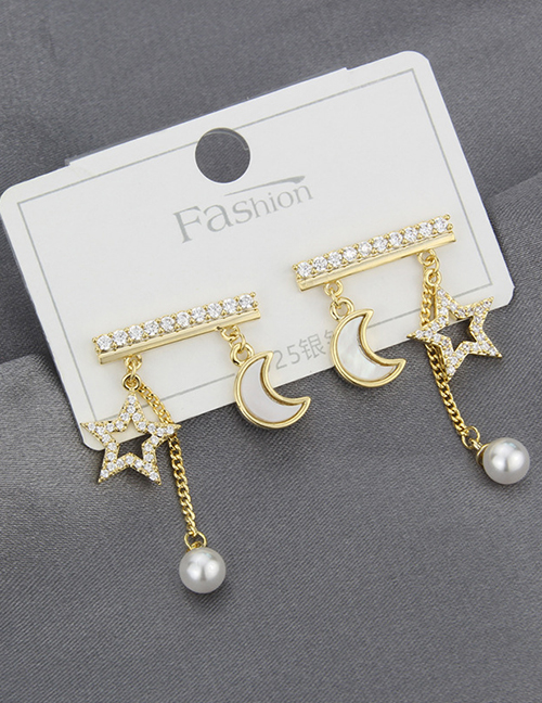Fashion 10# Brass Diamond Star Moon Pearl Tassel Drop Earrings